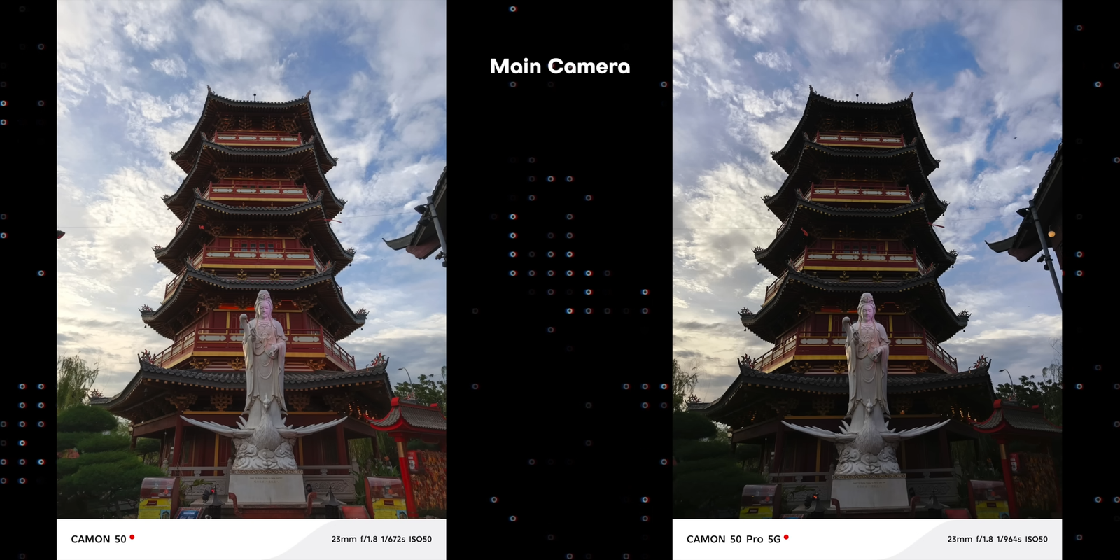 Perbandingan main camera Camon 50 vs Camon 50 Pro dengan objek pagoda