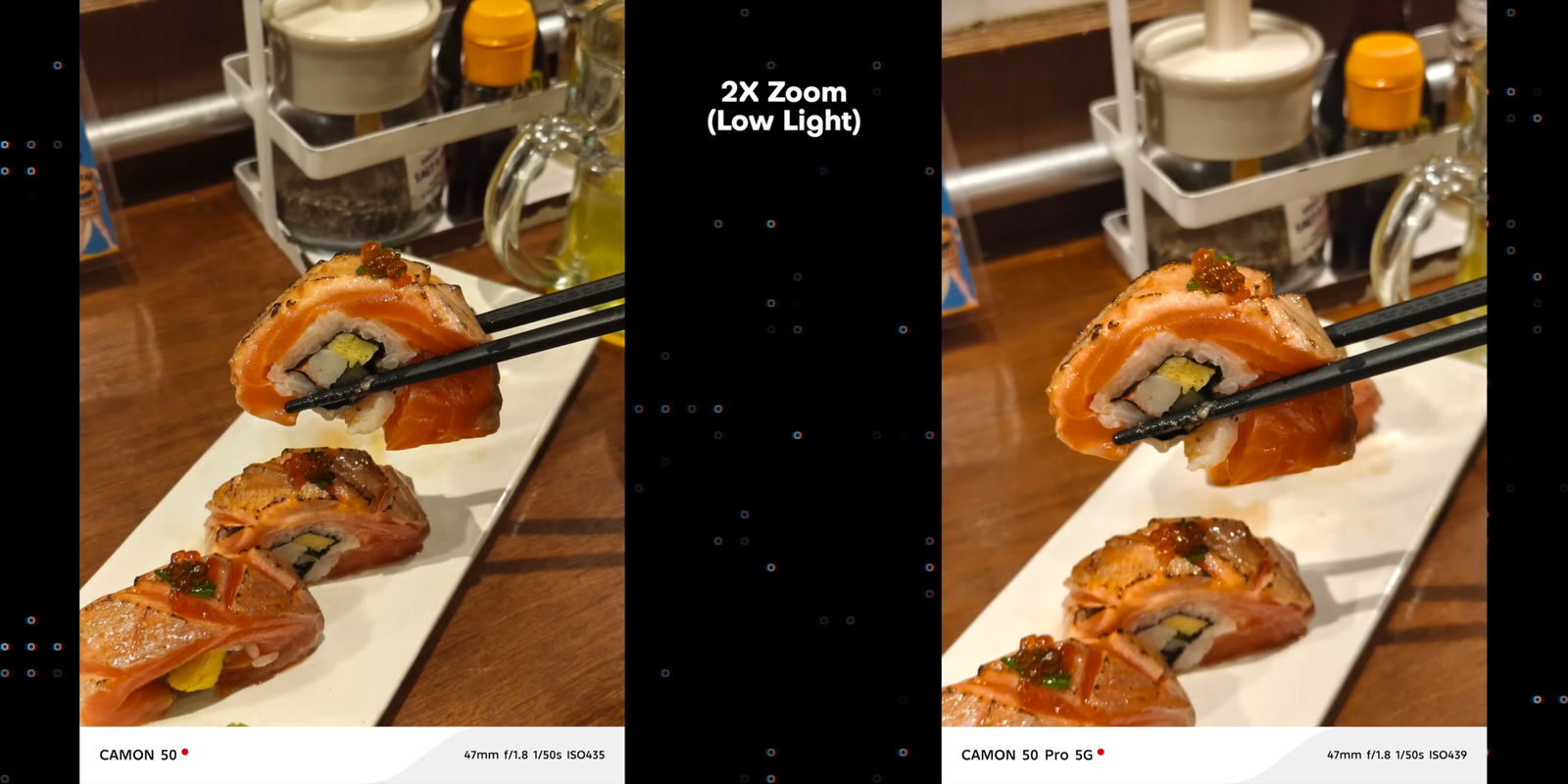 Perbandingan 2x zoom low light Camon 50 vs Camon 50 Pro dengan objek sushi