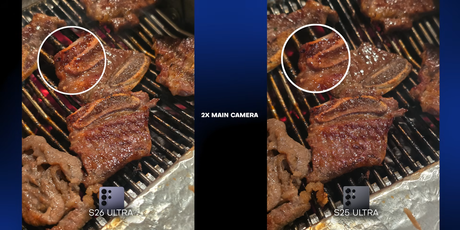 Perbandingan 2x main camera S26 Ultra vs S25 Ultra dengan objek daging di atas panggangan