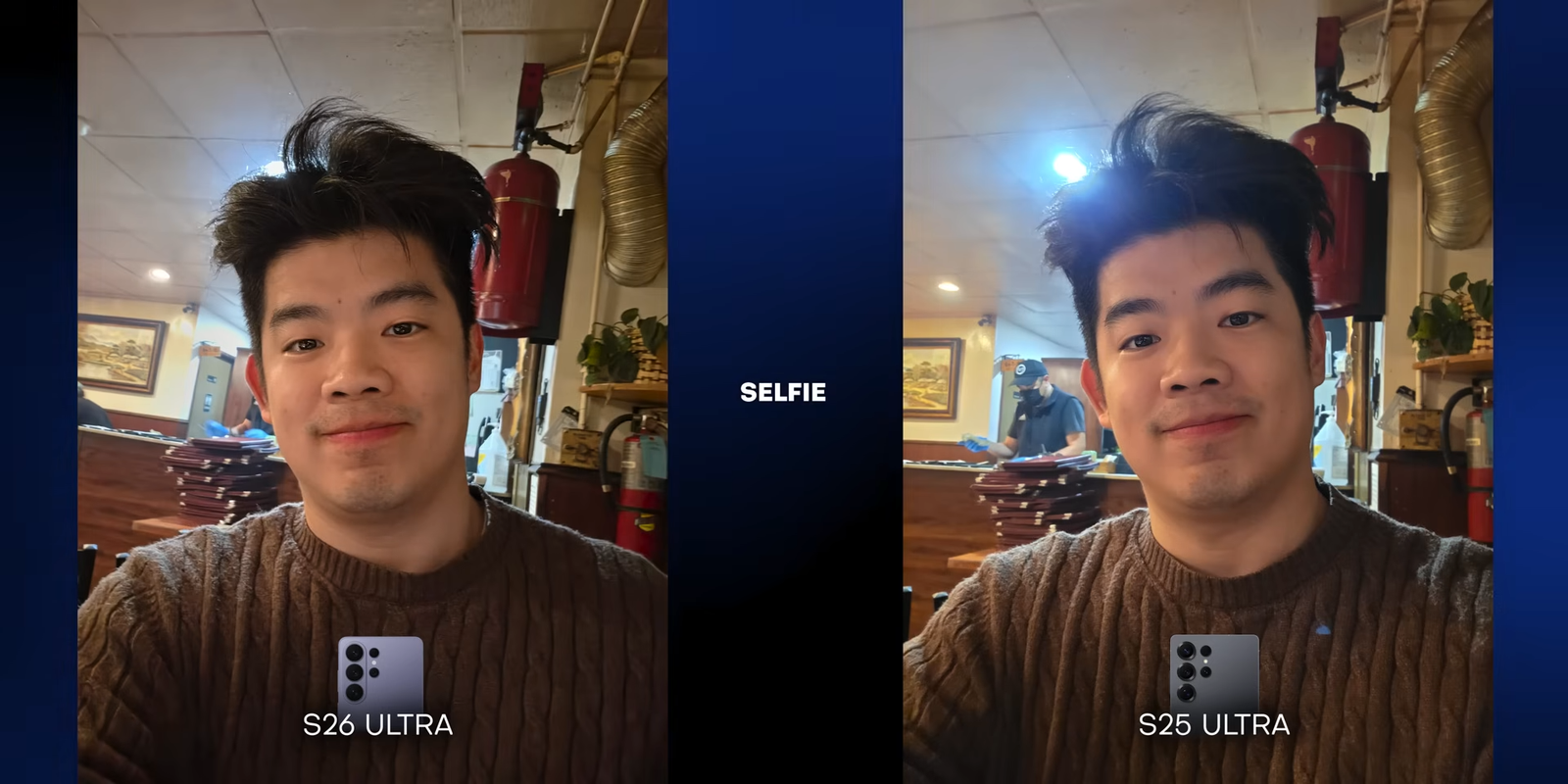Perbandingan selfie S26 Ultra vs S25 Ultra di kondisi low light dalam ruangan