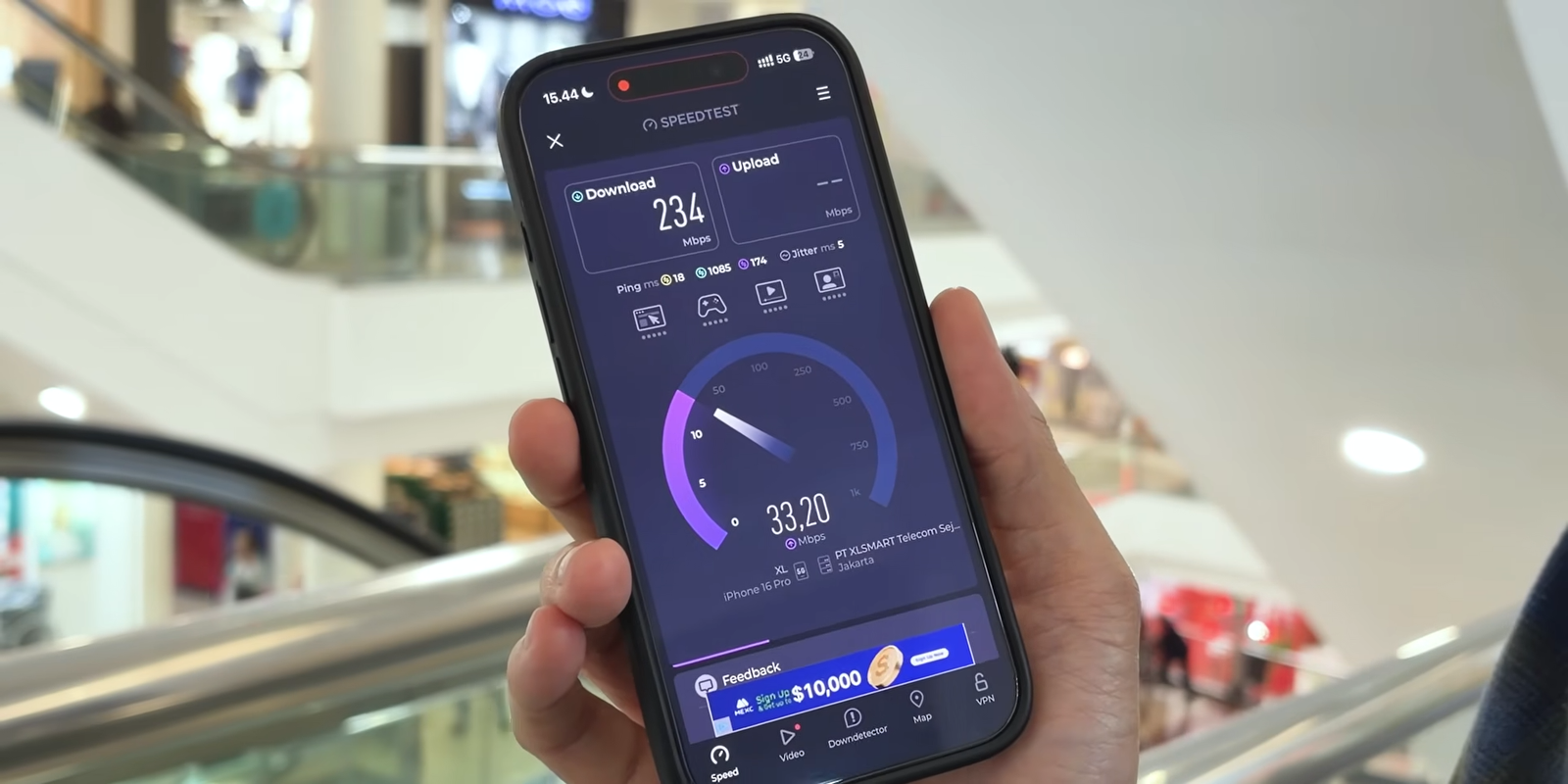 Hasil speed test XL 5G di dalam Ciputra Mall dengan download 234 Mbps