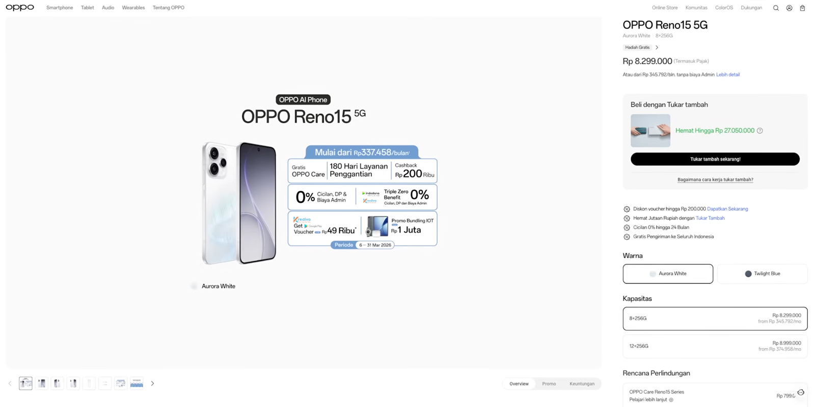 OPPO Reno 15 tersedia mulai Rp8.299.000 untuk varian 8/256GB