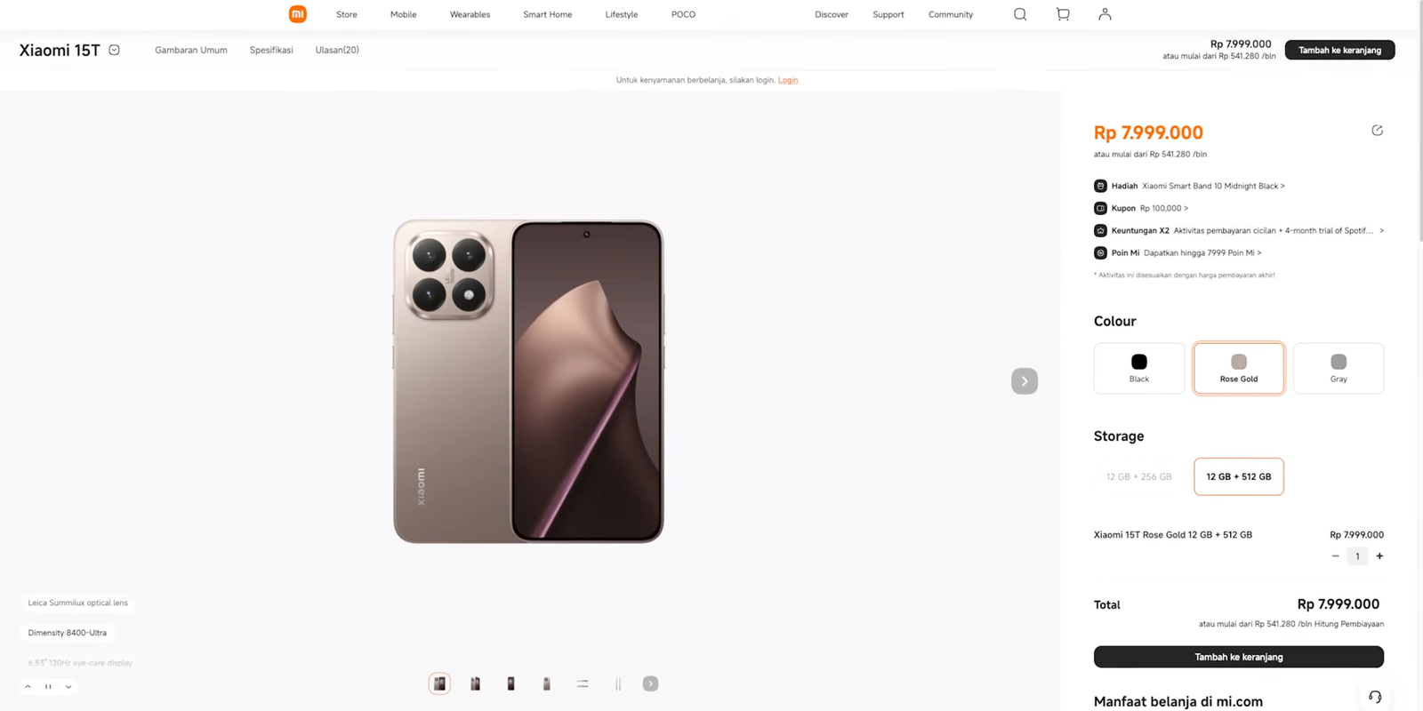 Xiaomi 15T Rose Gold 12/512GB dibanderol Rp7.999.000 di toko resmi Xiaomi