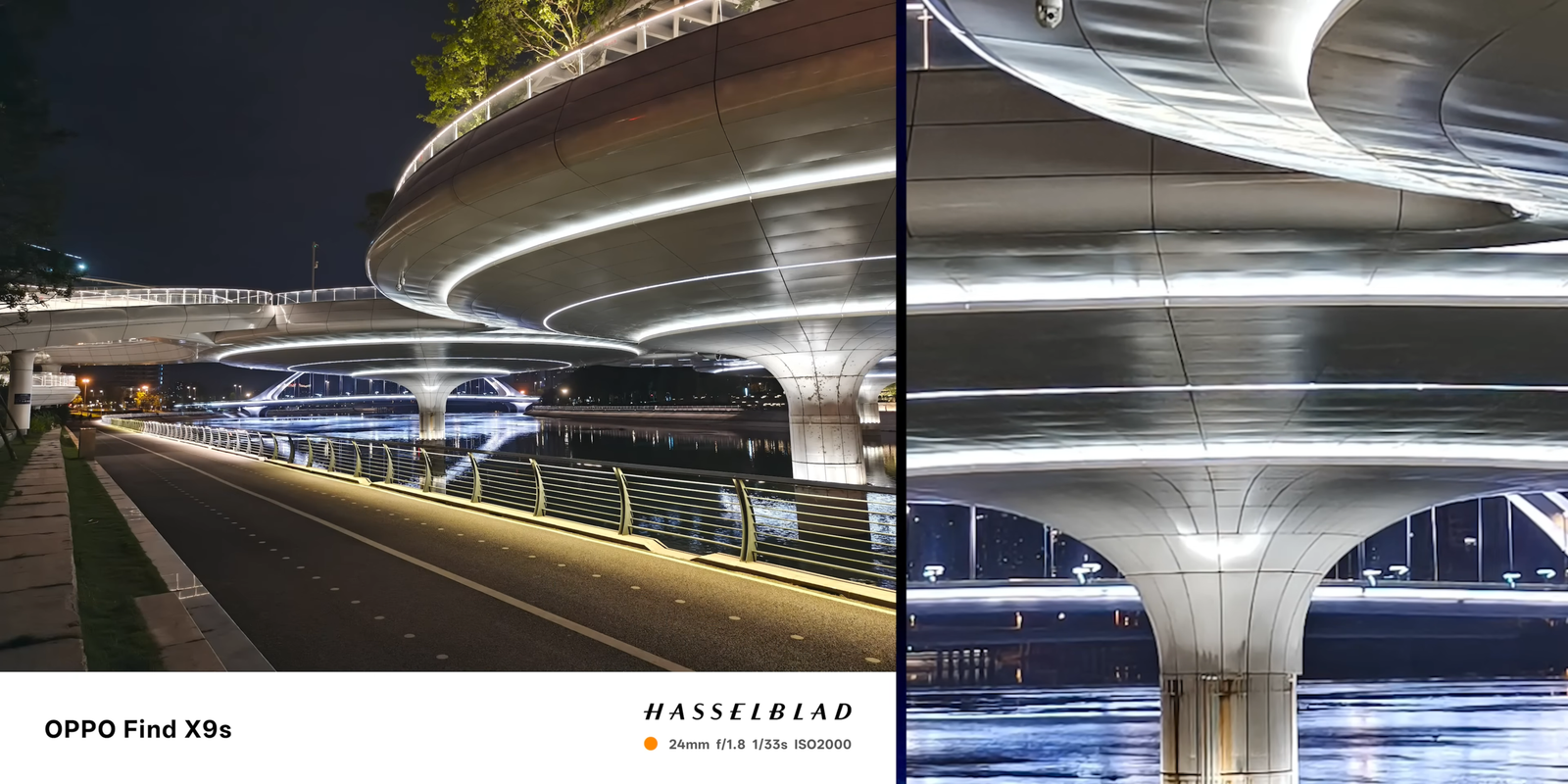 Hasil kamera OPPO Find X9s di kondisi malam dengan detail cahaya dan arsitektur yang tajam