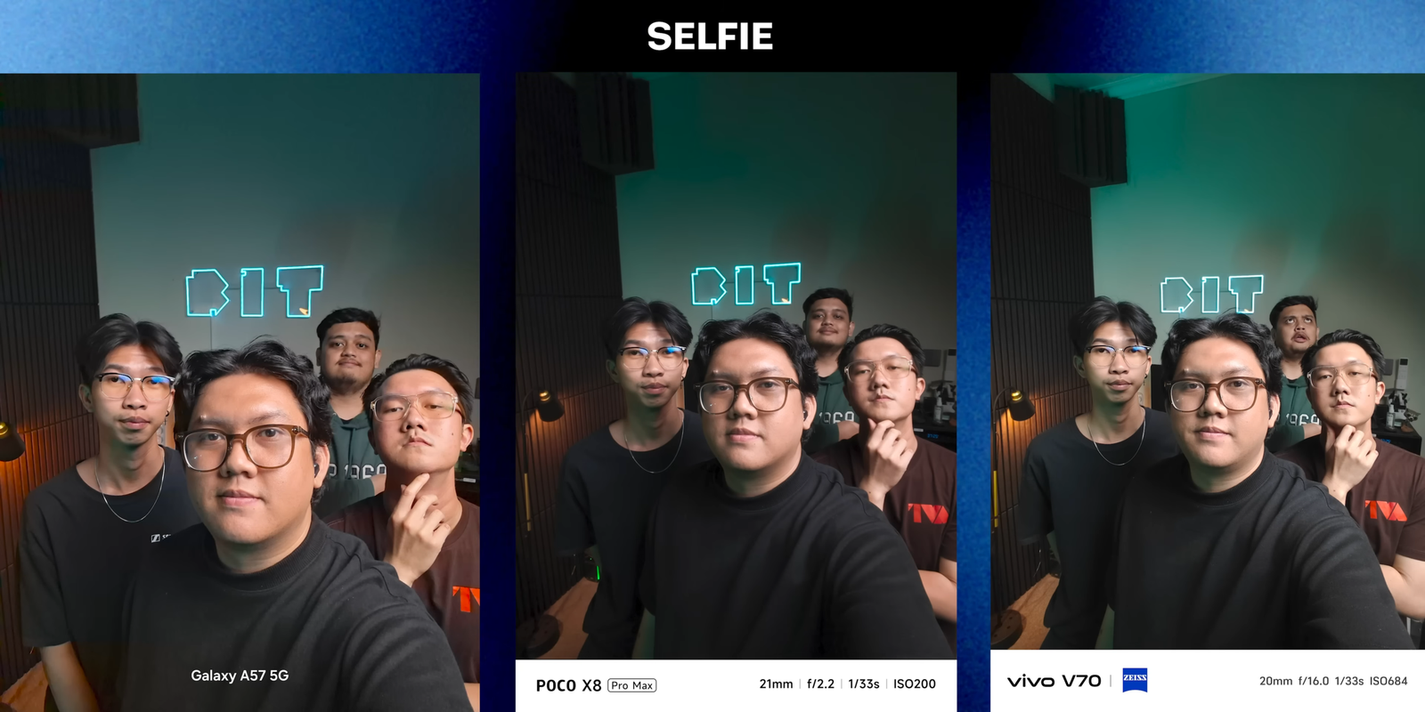 Perbandingan hasil selfie dari tiga smartphone dalam kondisi indoor