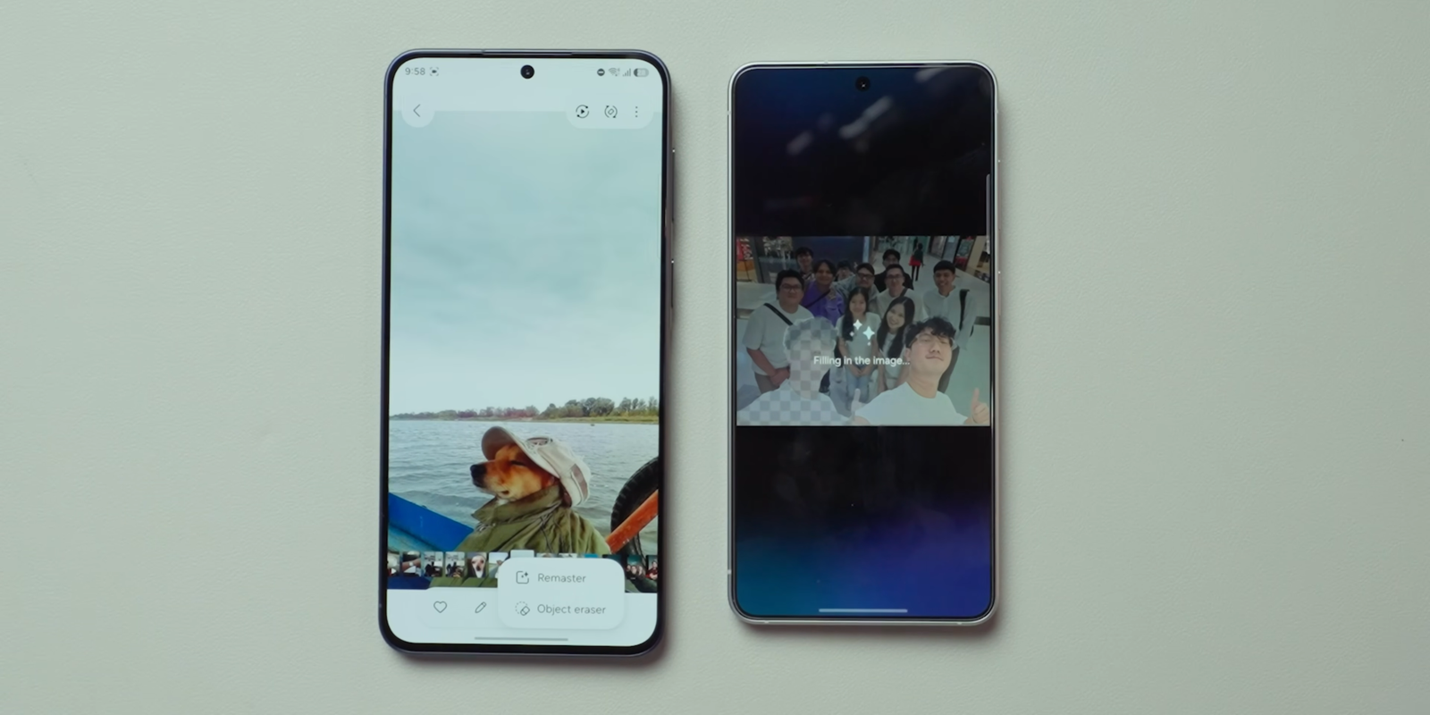 Tampilan Bixby saat memproses Galaxy A57 mendapat Object Eraser, sementara Galaxy S26 punya fitur Move untuk memindahkan objek