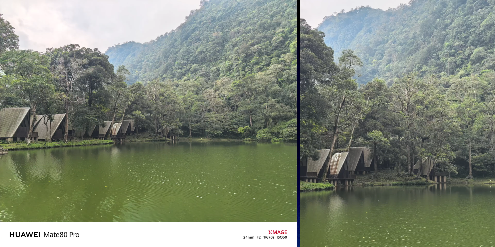 Hasil kamera utama Huawei Mate 80 Pro menangkap lanskap danau dengan warna hijau yang natural