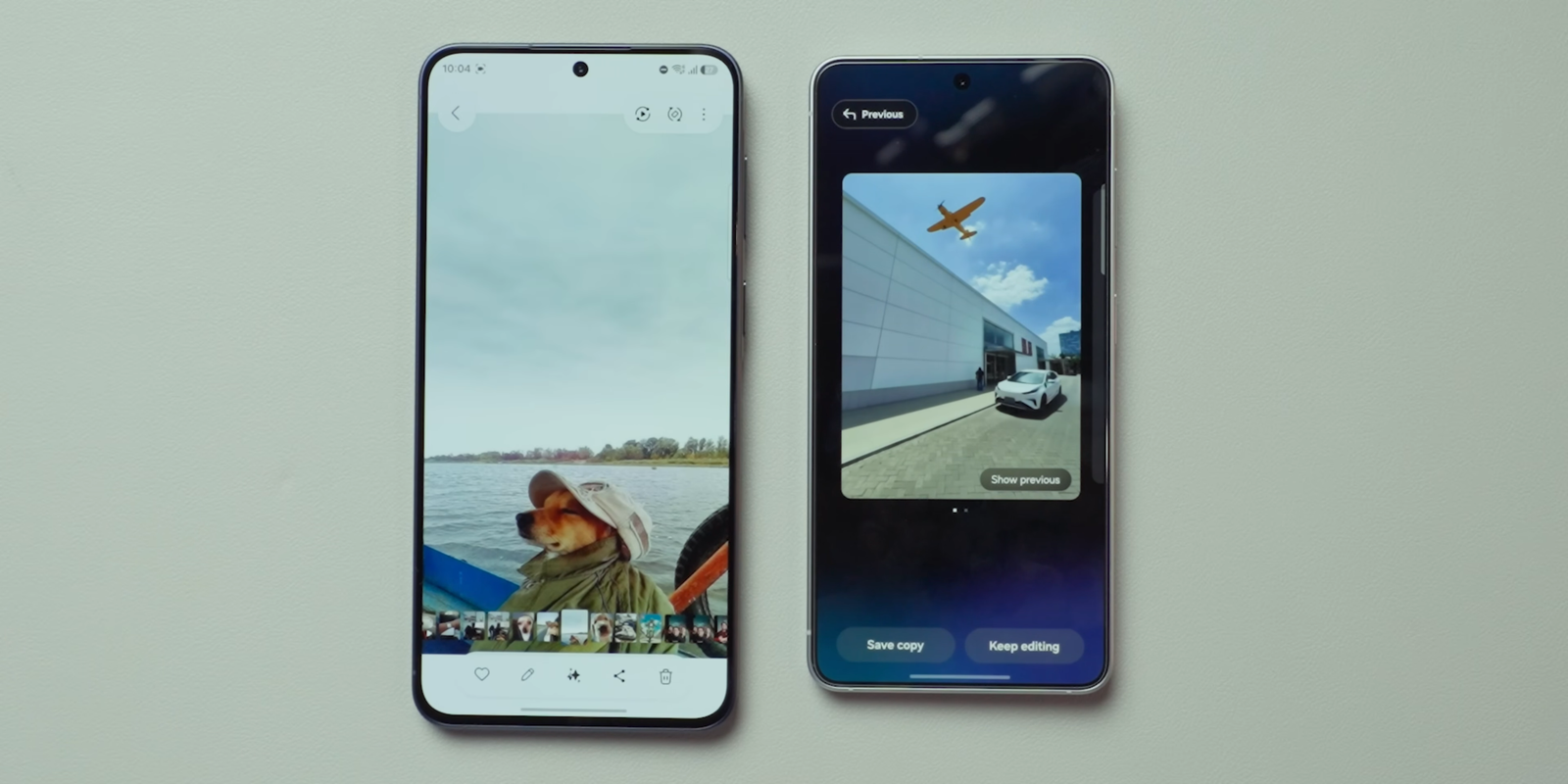 Tampilan Photo Assist di Galaxy S26 saat menambahkan objek baru seperti mobil dan pesawat ke dalam gambar