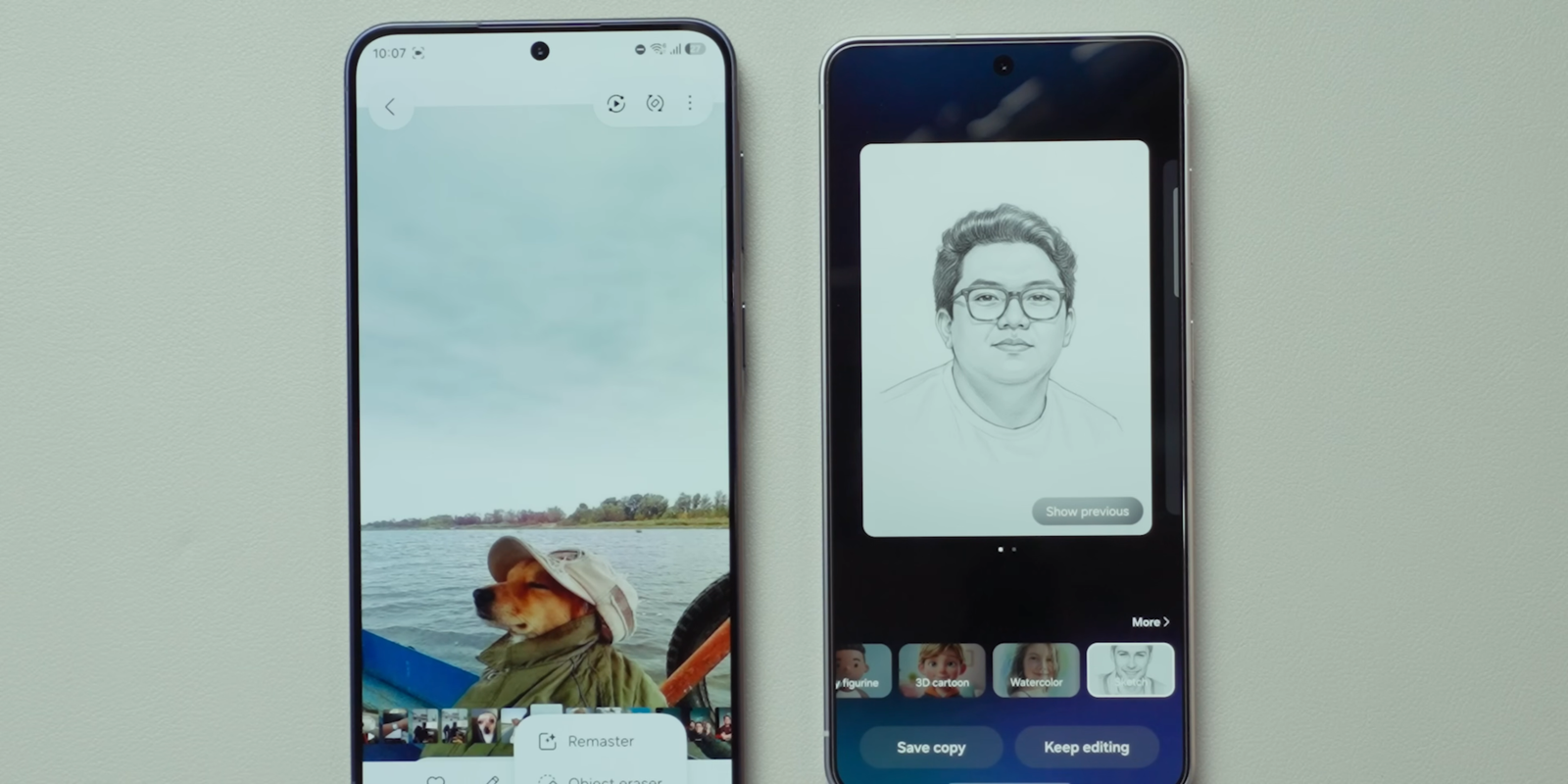 Tampilan fitur Style di Galaxy S26 dengan efek sketch pada foto
