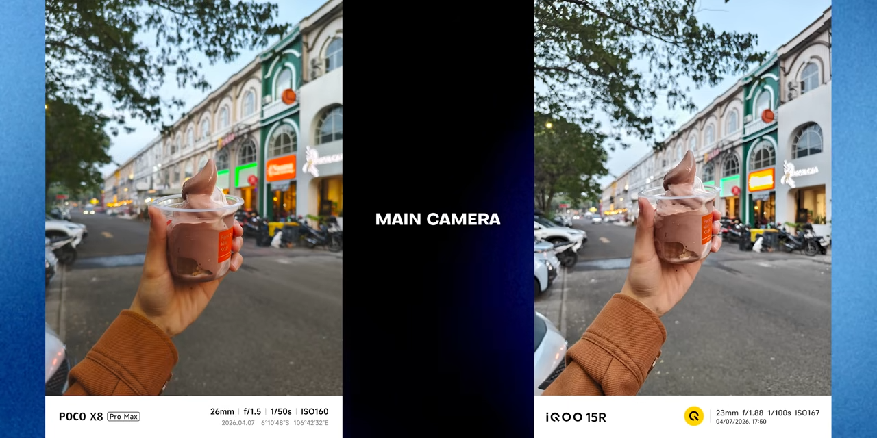 Perbandingan hasil foto main camera antara POCO X8 Pro Max dan iQOO 15R.