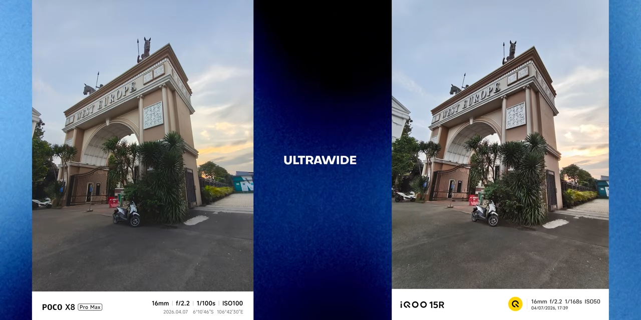 Perbandingan hasil foto ultrawide antara POCO X8 Pro Max dan iQOO 15R.
