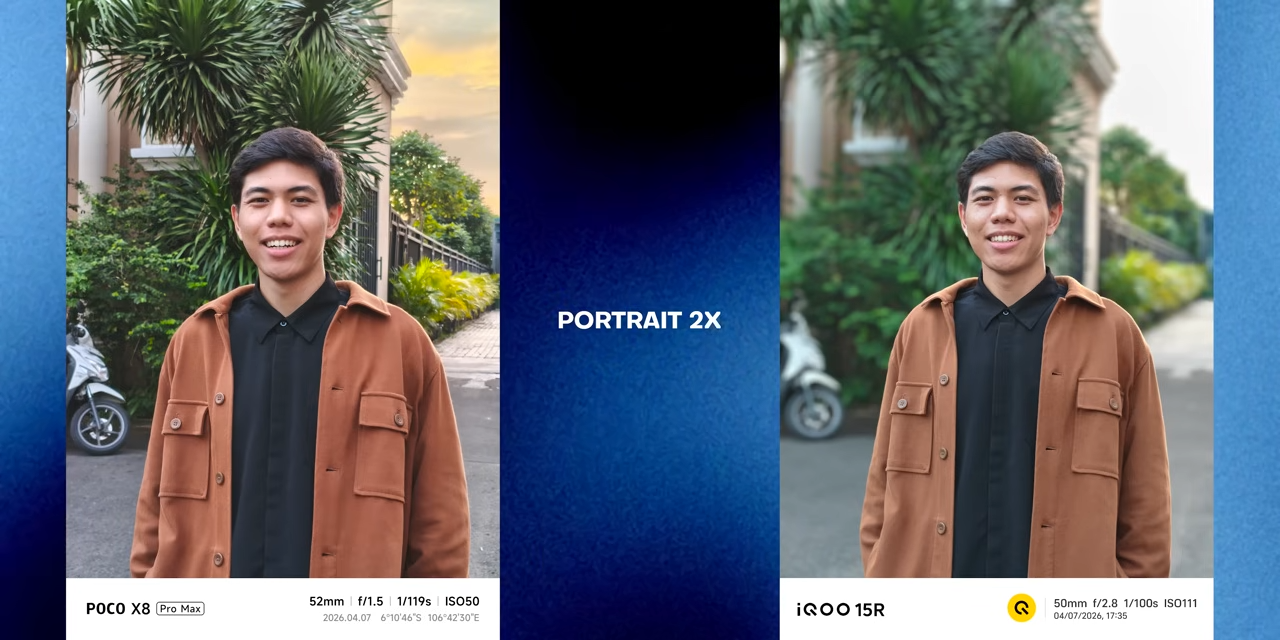 Perbandingan hasil foto potrait 2X antara POCO X8 Pro Max dan iQOO 15R.