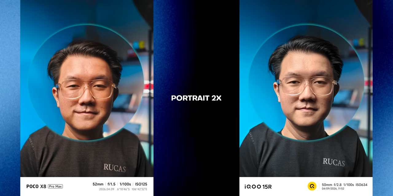 Perbandingan hasil foto potrait 2X antara POCO X8 Pro Max dan iQOO 15R.