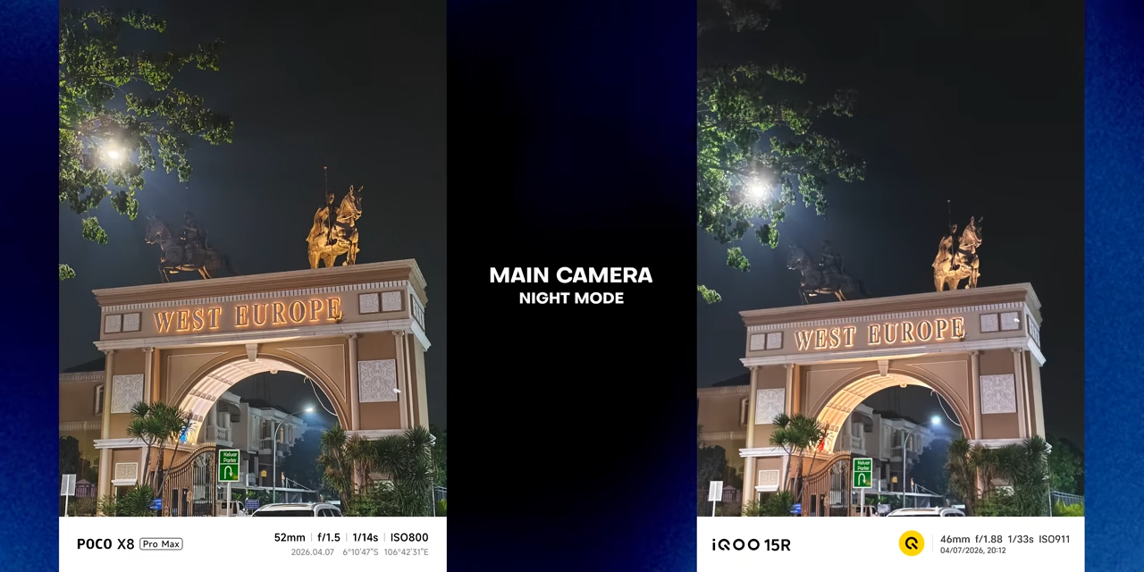 Perbandingan hasil foto main camera pada malam hari antara POCO X8 Pro Max dan iQOO 15R.