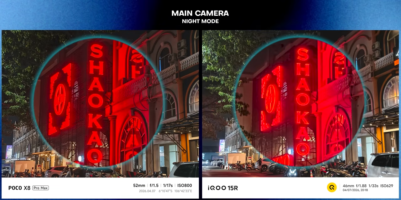 Perbandingan hasil foto main camera pada malam hari antara POCO X8 Pro Max dan iQOO 15R.