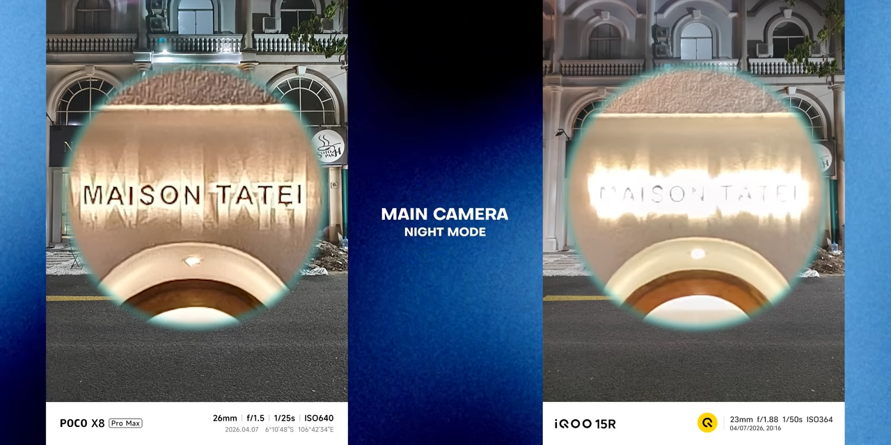Perbandingan hasil foto main camera pada malam hari antara POCO X8 Pro Max dan iQOO 15R.