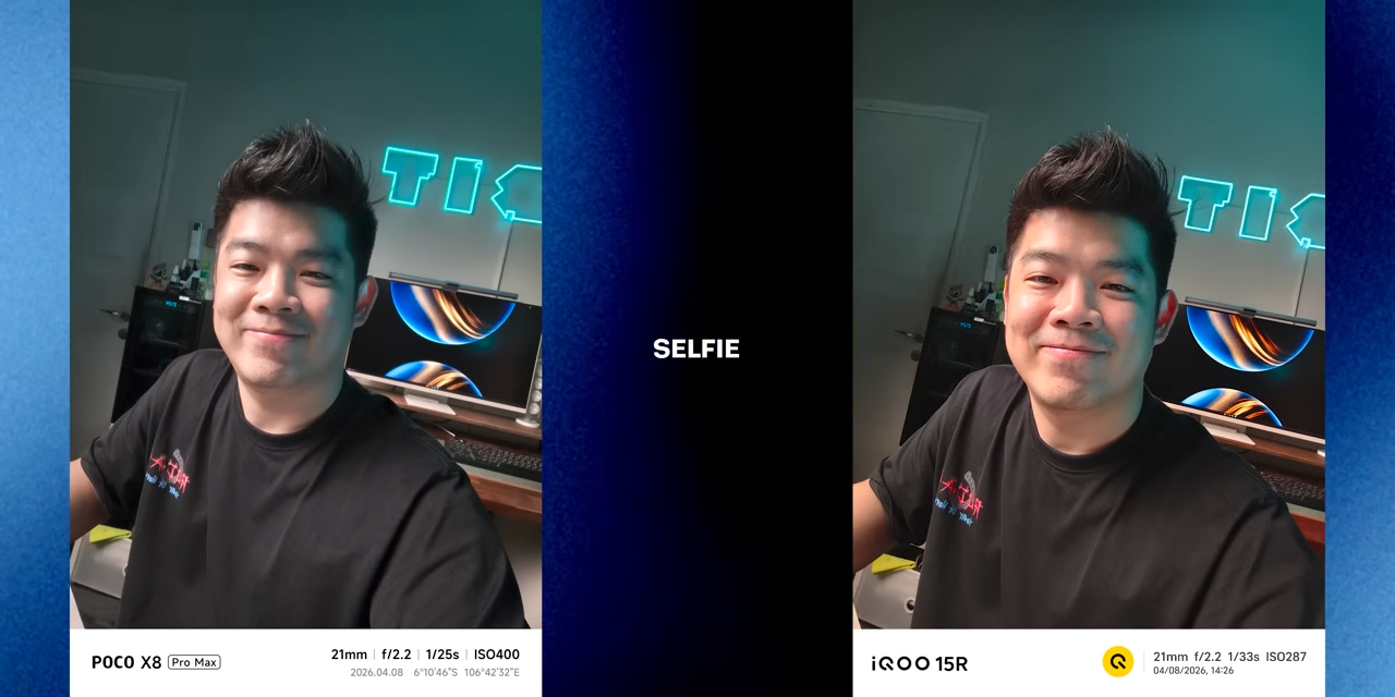 Perbandingan hasil foto selfie antara POCO X8 Pro Max dan iQOO 15R.