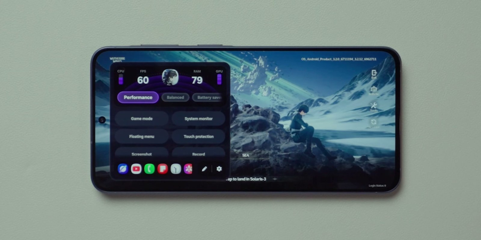 Tampilan game mode dengan slider samping dan berbagai opsi performance profile yang tersedia