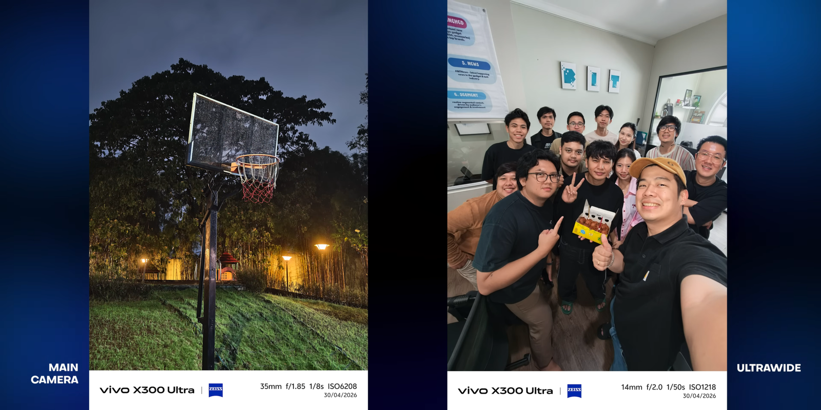 Hasil main camera dan ultrawide Vivo X300 Ultra dalam kondisi malam dan foto grup
