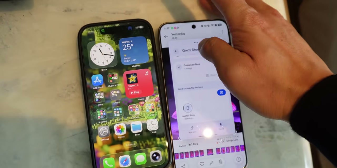 Perbandingan antarmuka pengguna Quick Share untuk transfer file antar perangkat.